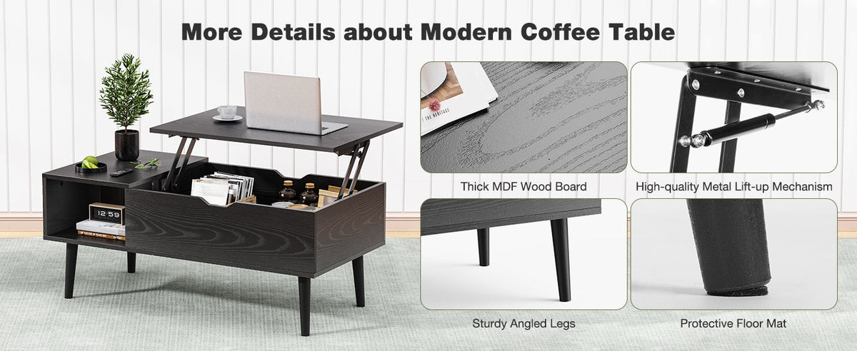 OLIXIS Wood Lift Top Coffee Table with Hidden Compartment and Large Storage Shelf, Lift Tabletop Dining Center Table for Home Living Room Office, Black