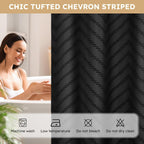No Hook Shower Curtain and Liner Set, Black Snap in Shower Curtain Ringless Chevron Tufted Cloth Waterproof Washable Fabric Bath Curtain with See Through Top Window for Bathroom Hotel 71" x 74"